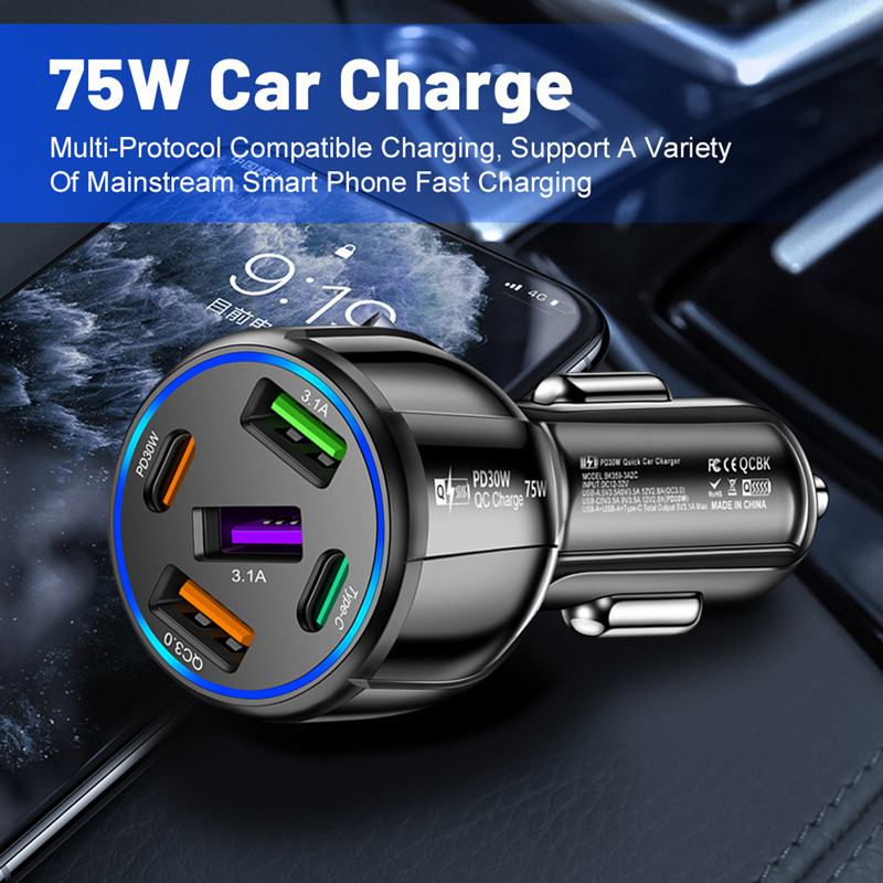 Chargeur de voiture 75W 3.1A 5 Ports, chargeur rapide QC 3.0 USB PD 30W Type C, adaptateur de téléphone pour iphone 15 14 13 12 Xiaomi Huawei Samsung