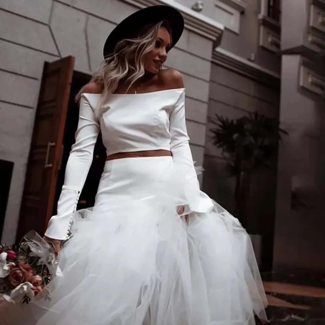2024 Długie rękawy Suknie ślubne syreny dwuczęściowe suknia ślubna z ramion wykonane niestandardowe szafki na szafki vestidos de novia