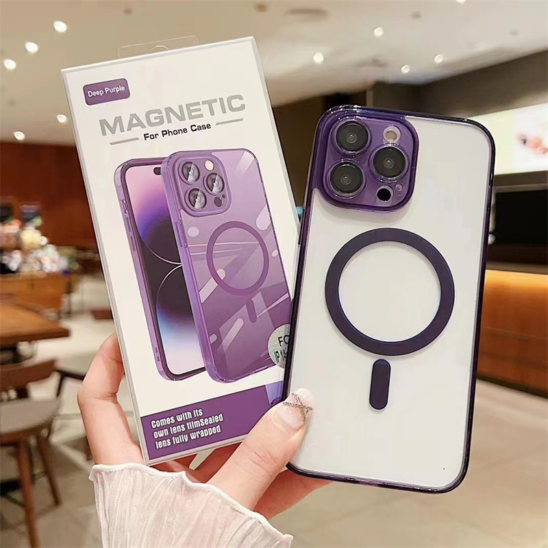 Premium Clear Magnetic Cover with Camera Lens Film Protector för iPhone 15 15Plus 15Pro Max 14 Plus 13 12 11 Pro Max med detaljhandelspaketet