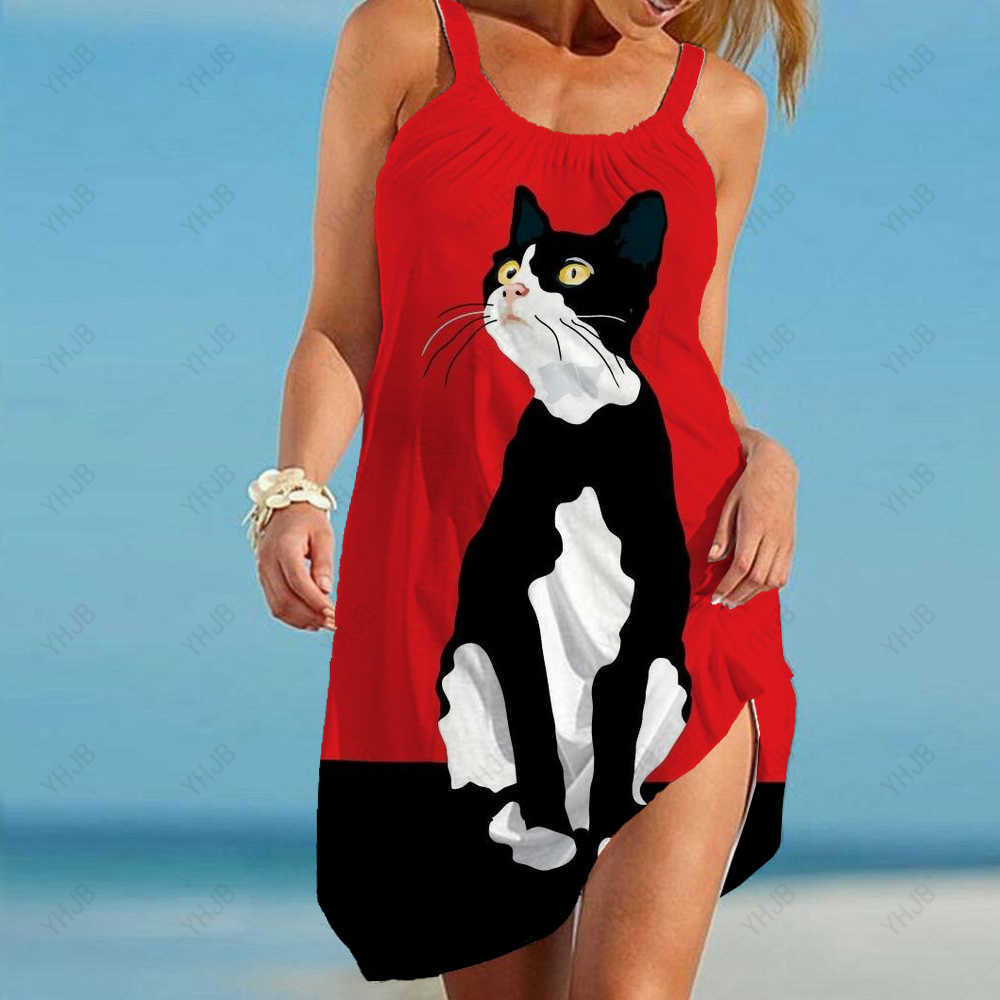 Basic Casual Dresses New Elegant Women's Dress Sexy ful Cat Print Women's Dress Strap Summer Women's Beach Bohemian Loose Print Fashion LST230904