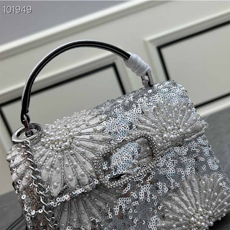 Designer-Einkaufstasche, 3D-bestickte Mini-Handtasche, modische, handgefertigte Schulter-Umhängetaschen mit Kristallimitat, Perlen-Pailletten-Design-Geldbörsen-Handtasche, Metall-Logo-Clutch-Tasche