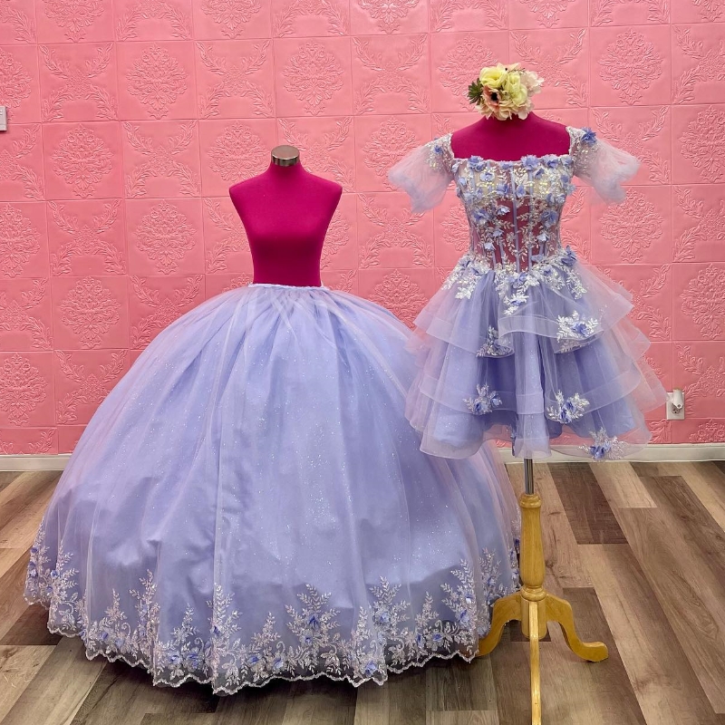 Lavanta parlak balo elbisesi quinceanera elbise boncuklu çiçek dantel aplike çiçek tül kokteyl elbiseleri vestidos de baile balo elbisesi