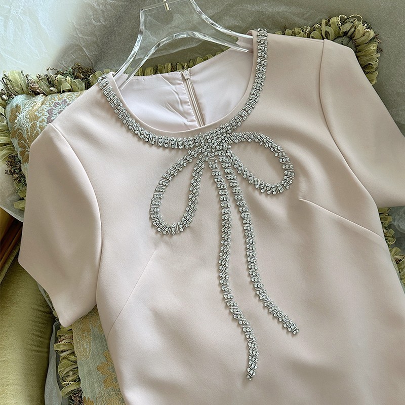 2023 Summer Pink Solid Color Dress Short Sleeve Round Neck RhinestoneKnee-Length Casual Dresses S3S01M093
