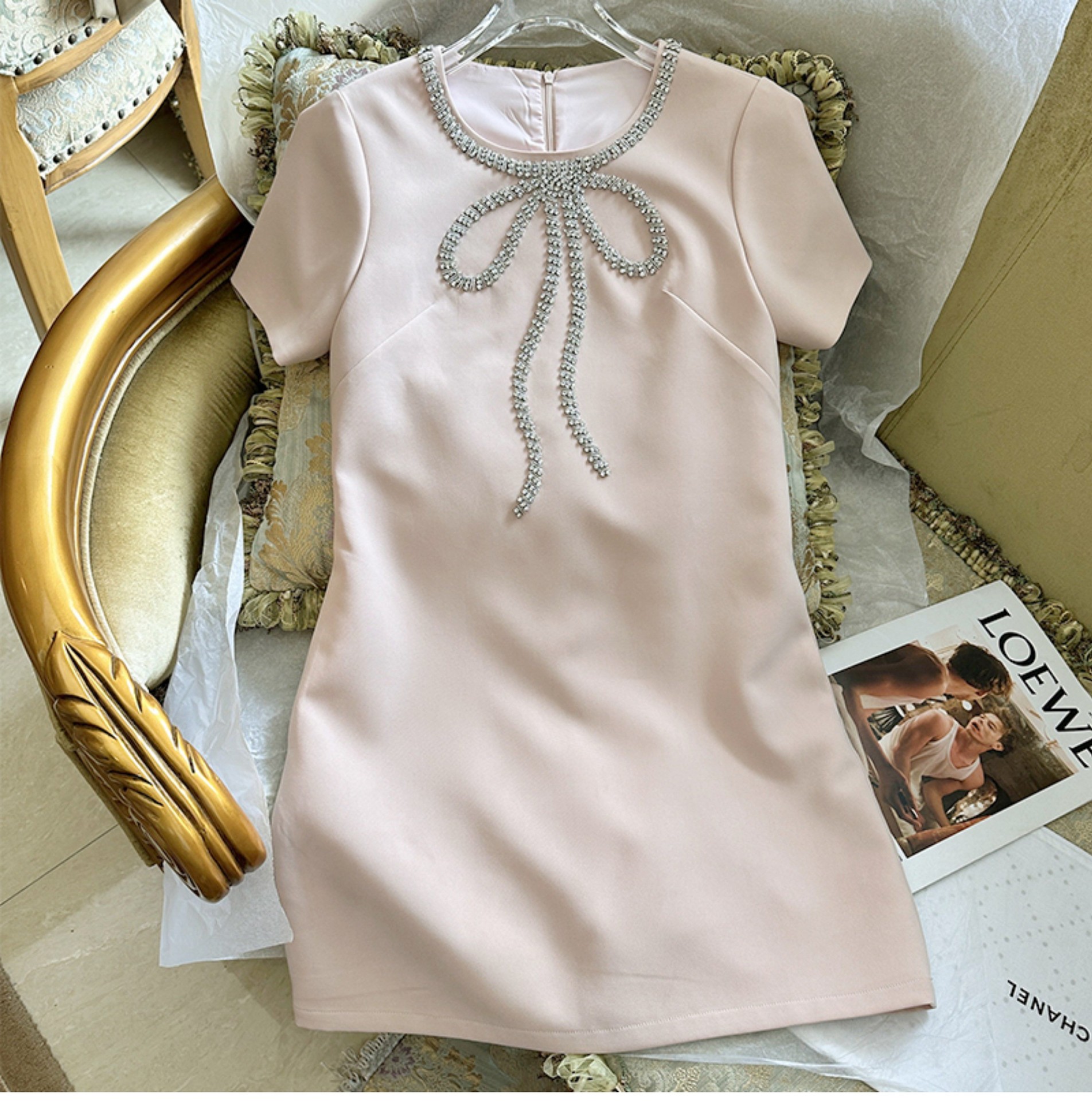 2023 Summer Pink Solid Color Dress Short Sleeve Round Neck RhinestoneKnee-Length Casual Dresses S3S01M093