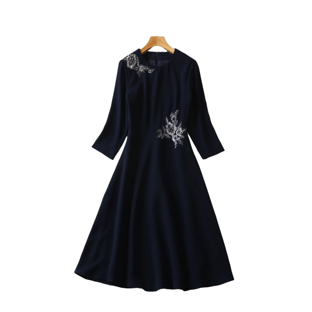 2023 Autumn Blue Floral Embroidery Dress 3/4 Sleeve Round Neck Panelled Midi Casual Dresses S3S020831