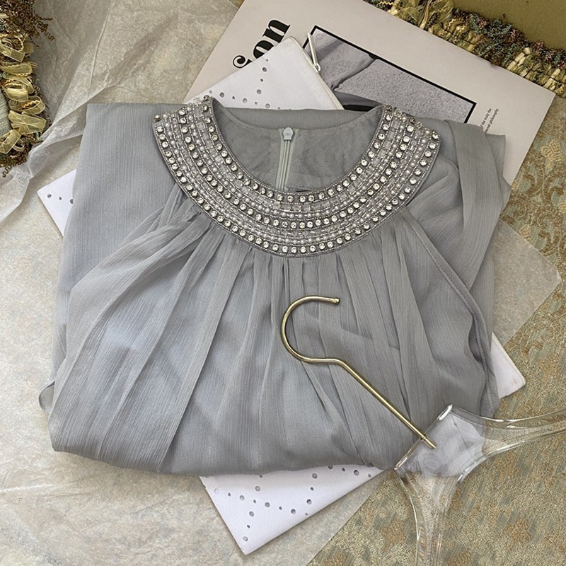 2023 Summer Gray Solid Color Dress Sleeveless Round Neck RhinestoneKnee-Length Casual Dresses S3S01M093