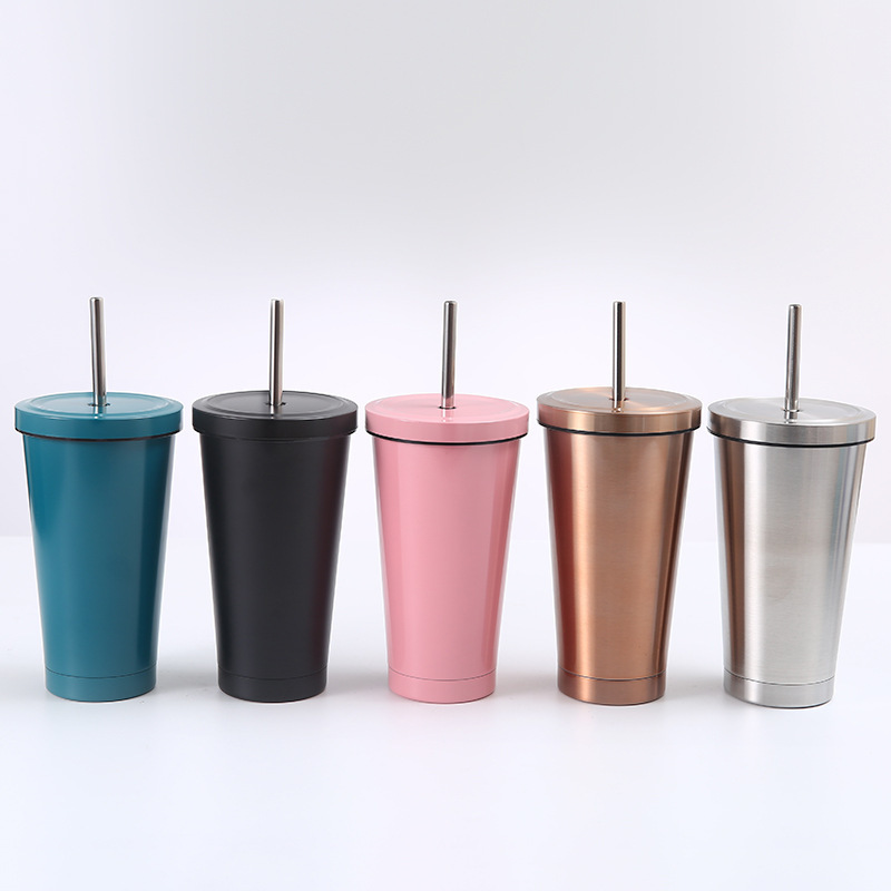 2023 New 304 stainless steel straw cup large capacity vacuum coffee cup portable car cup gift thermos cup