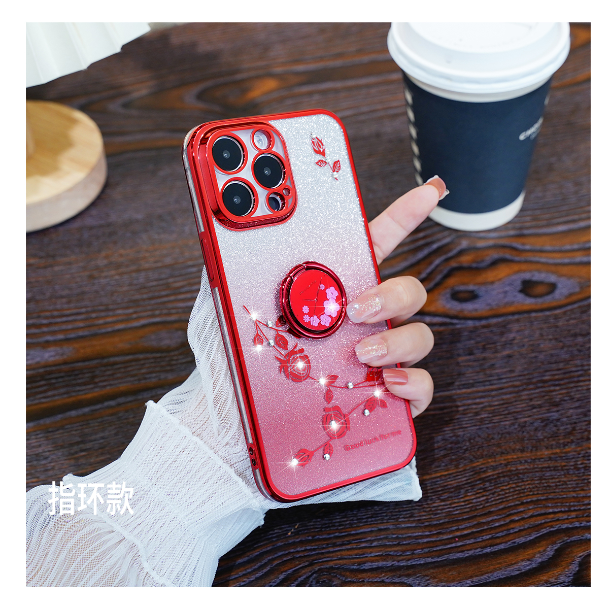 Metal Finger Ring Holder Chinese Red Flower Soft TPU Cases For Iphone 15 Pro Max 14 Plus 13 12 11 8 7 6 X XR XS Chromed Metallic Diamond Bling Glitter Plating Luxury Cover