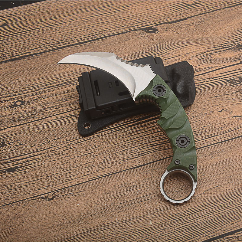 G2397 av högsta kvalitet Karambit Claw Knife D2 Satin Blade Full Tang G10 Handle Outdoor Camping Vandring Fixed Blade Tactical Knives With Kydex