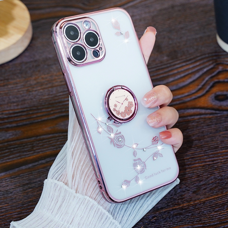 Étuis à fleurs en métal avec porte-bague pour iPhone 15 Pro Max 14 Plus 13 12 11 8 7 6 X XR XS Chromé Métallique Souple TPU Placage Bling Diamant Luxe Téléphone Couverture Arrière Peau