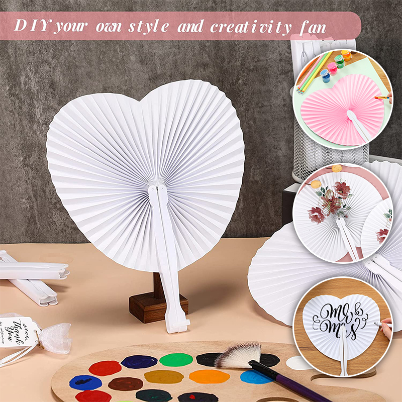 White Heart Shape Folding Fan Blank Paper Hand Fans With Plastic Handles DIY Painting Birthday Wedding Party Decor Sep05
