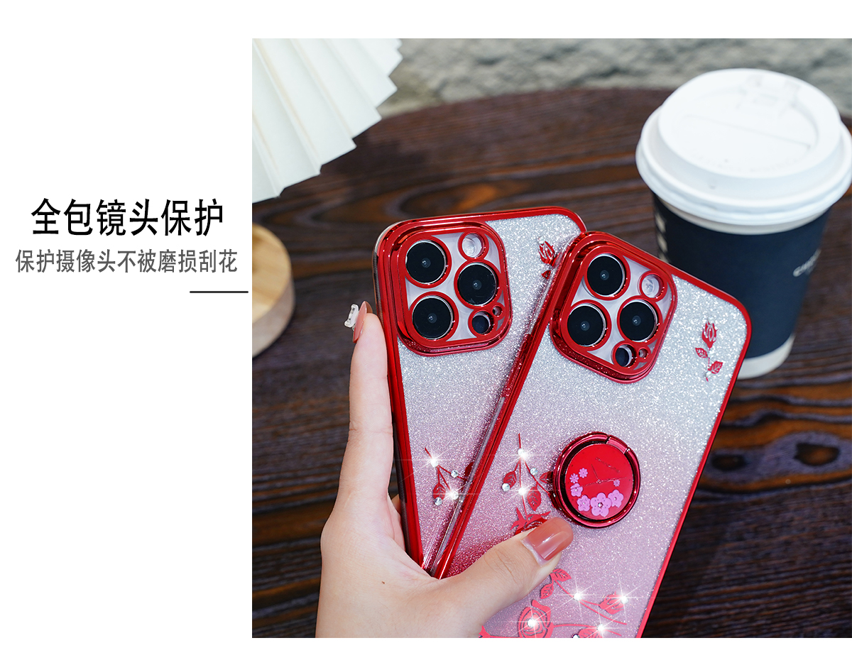 Metallfingerringhållare Kinesisk röd blomma mjuk TPU -fodral för iPhone 15 Pro Max 14 plus 13 12 11 Pro Chromed Metallic Diamond Bling Glitter Plating Luxury Cover