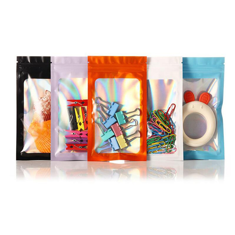 Wholesale Colorful Gift Packaging Bag Candy Zip Self Sealing Bag Laser Transparent Bag Mylar Bag Reusable 7*10CM