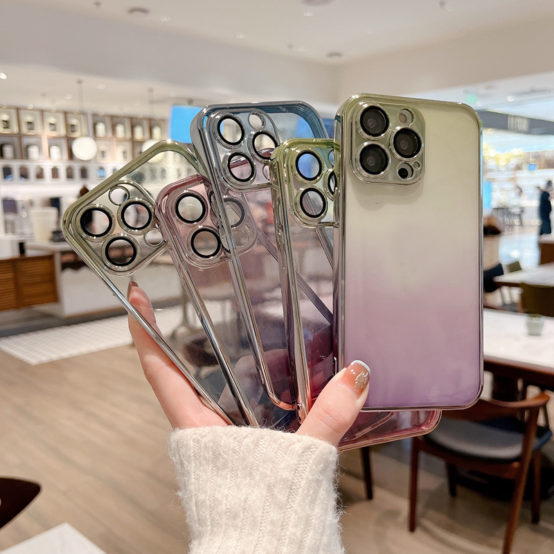 iPhone 15のブリンググラデーションTPUケースプラス14 13 12 Pro Max 11 Luxury Lens Protector Chromed Soft Camera Fine Hole Metallic Plating明確な透明な電話バックカバー