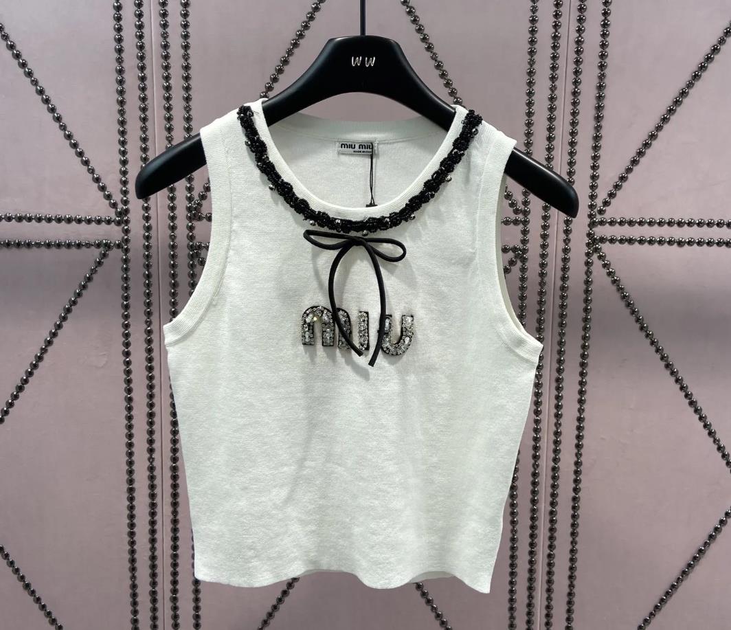 Designer Tanks Spring Summer Casual Bead Bow Sticked Slim Sleeveless Tank Top