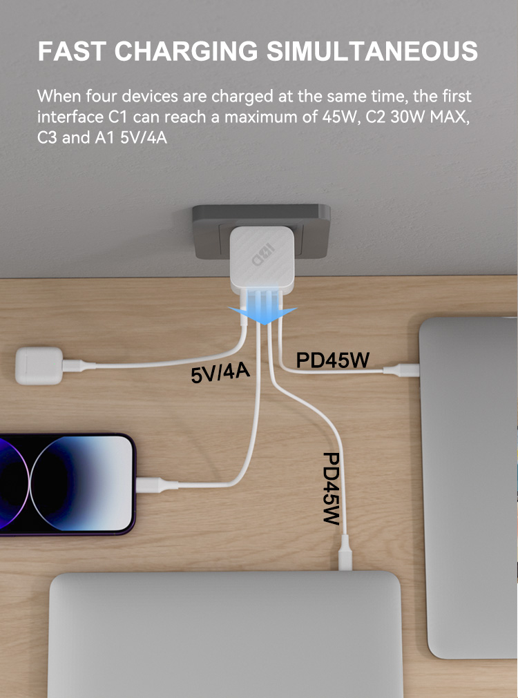 Universal Changeable Plug Smart Quick Mobil Phone Travel Adapt QC3.0 QC4.0 USB Typ C USBC 4 Port PD 100W 120W GAN Väggladdare