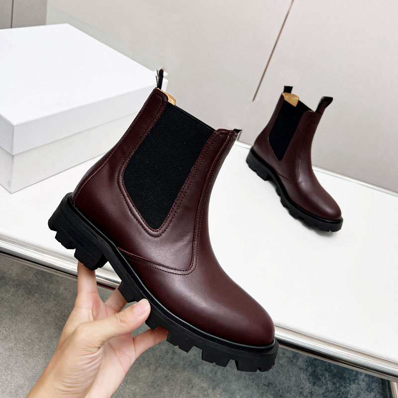 Margaret Chelsea Boot i kalvskinn Autumn/Winter Top Layer Glossy Cowhide stövlar Förhöjande knappstövlar Utomhus Casual Women Black Khaki Wine Red Matte Brown