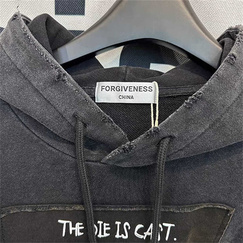 Heren Hoodies Sweatshirts Vergeving Vintage Gewassen en Versleten Hoodie Patch Panel Heavy Craft High Street Grote Zwarte Hoodie x0905