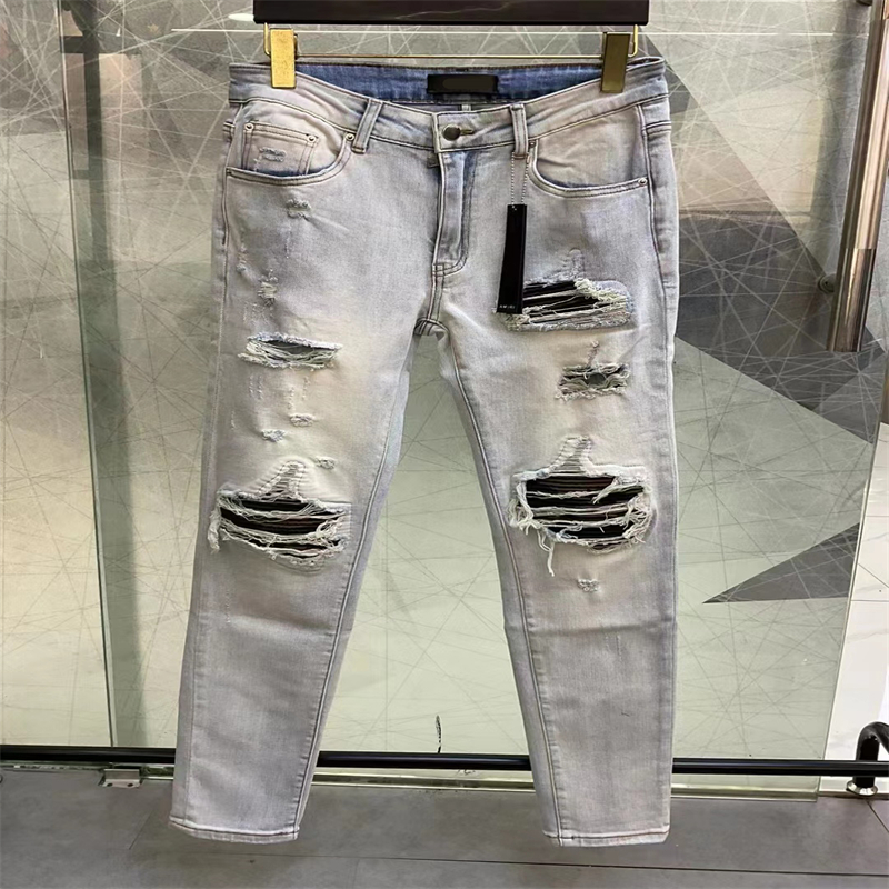 Rippad mode amirr mens jeans kläddesigner byxor ljus blå män smal denim rak cyklist hål hip hopp jeans28-40