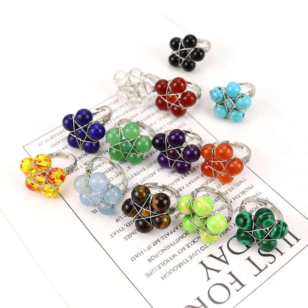 Natural Stone Cluster Beaded flower Rings For Women Men chakra Handmade Wedding Party Finger Ring