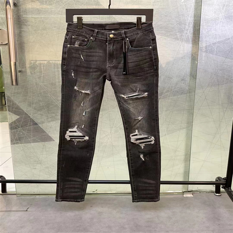 Rippad mode amirr mens jeans kläddesigner byxor ljus blå män smal denim rak cyklist hål hip hopp jeans28-40