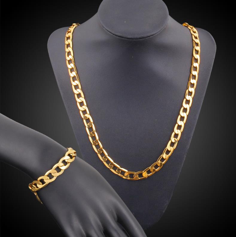 Män/kvinnor hiphop punk 18k real guld pläterad 7/10/12mm 1+1 mode figaro chain armband halsband smycken set kostym smycken