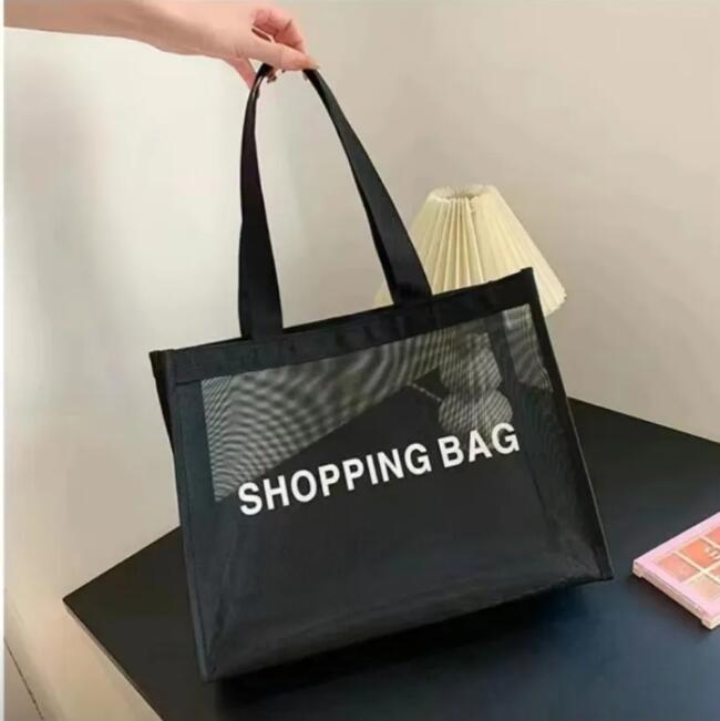 Classic white logo, mesh shopping bag, luxurious pattern, travel wash bag, transparent handbag, large capacity shoulder bag, fashionable and popular