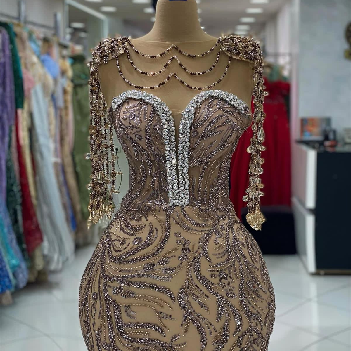 2023 Aso Ebi arabe or sirène robe de bal perles cristaux sexy soirée formelle fête deuxième réception anniversaire robes de fiançailles robes robe de soirée ZJ367