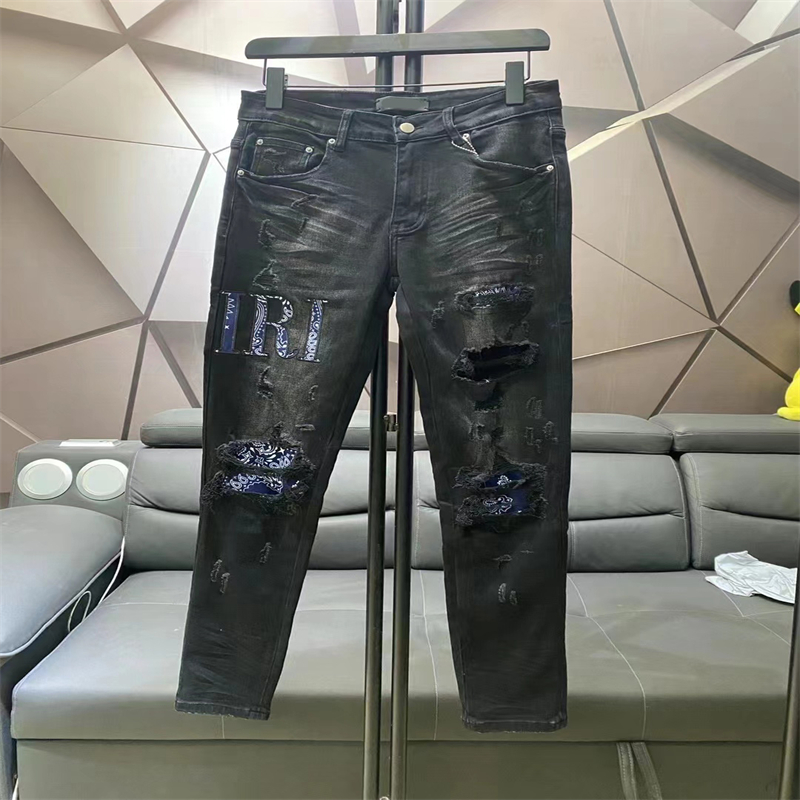 Zgrana moda Amirr dżinsowe dżinsy Projektanty Projektanckie spodnie jasnoniebieskie męskie szczupły jeansowe proste motocyklowe dżinsowe dżinsy 28-40