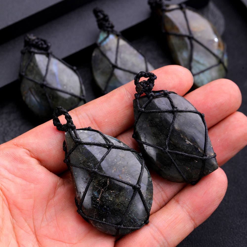 Naturlig oregelbunden flashsten labradorite Moonstone String Net Bag Pendant Spiritual Meditation Charms smycken