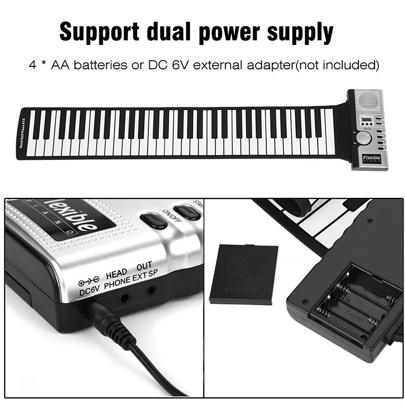 Pianoforte arrotolabile a 61 tasti Pianoforte a mano elettronico ricaricabile tramite USB portatile Altoparlante integrato ambientale Tastiera pianoforte morbida in silicone principianti