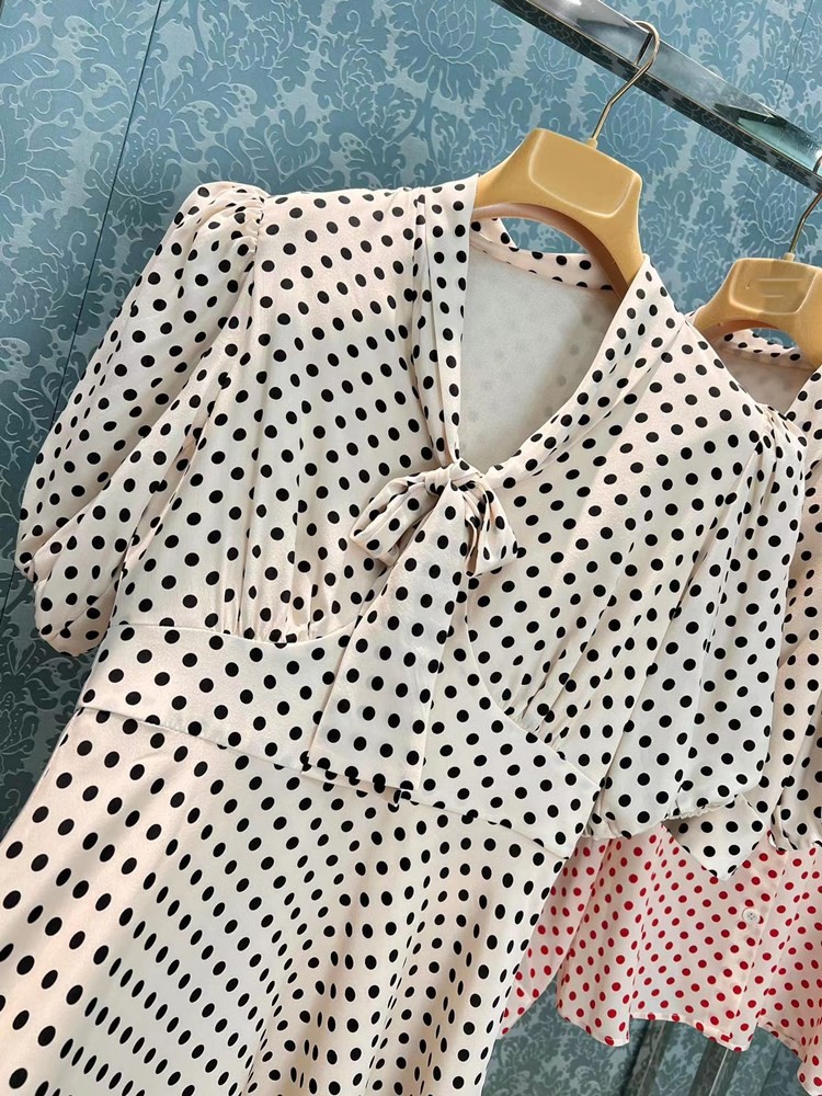 2023 Summer White Polka Dot Ribbon Tie Bowknot Dress Short Sleeve Round Neck Buttons Knee-Length Casual Dresses S3S01M093