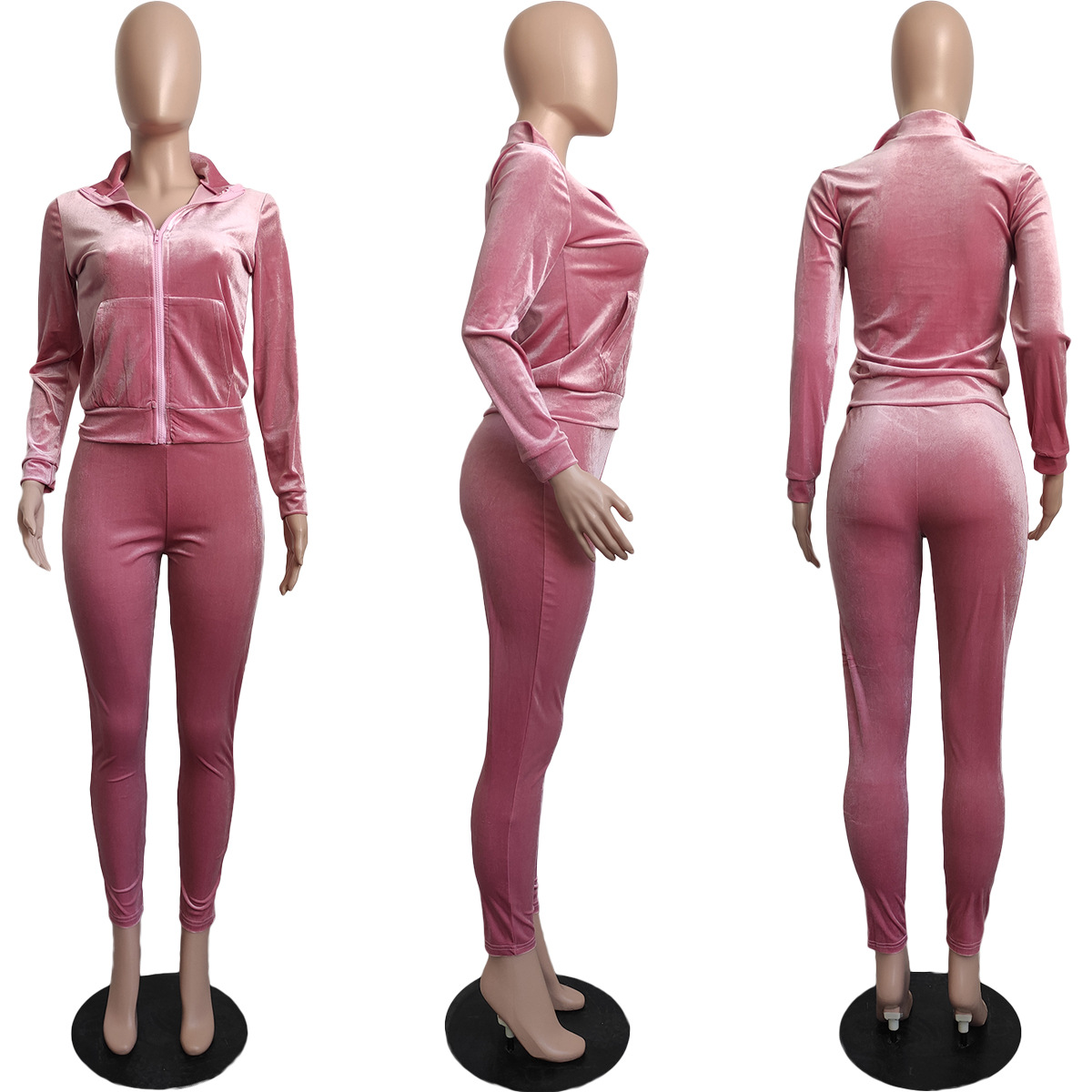 Velvet Two Piece Pants Tracksuits Women Casual Zip Jacket and Bottoms sätter gratis fartyg