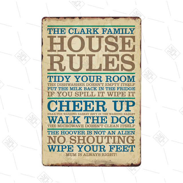 House Rules Metal Signs Family Rules Tin Plate Vintage Shabby Chic Note Plaque Retro Wall Poster Home Decoration Man Cave Home Room Funny Painting30X20CM w01