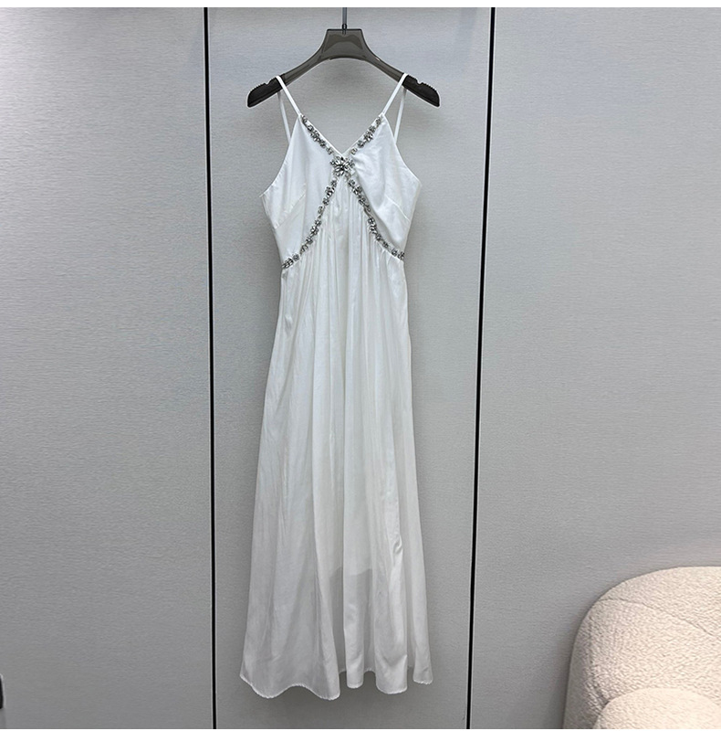 2023 Summer Pink Solid Color Dress Kort ärm Runda nacke Rhinestonekne-Lengen Casual Dresses S3S01M221