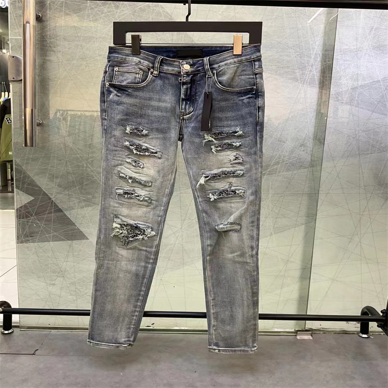 Rippad mode amirr mens jeans kläddesigner byxor ljus blå män smal denim rak cyklist hål hip hopp jeans28-40