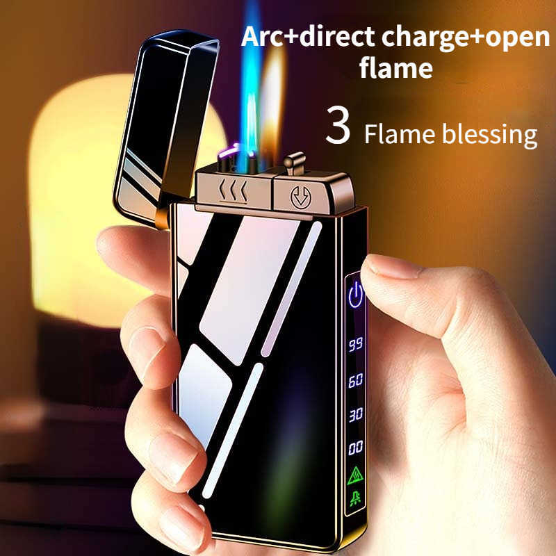 Briquet gonflable coupe-vent en métal à trois feux, haut de gamme, sans gaz, lampe de poche LED pour hommes, un cadeau inhabituel 17HV