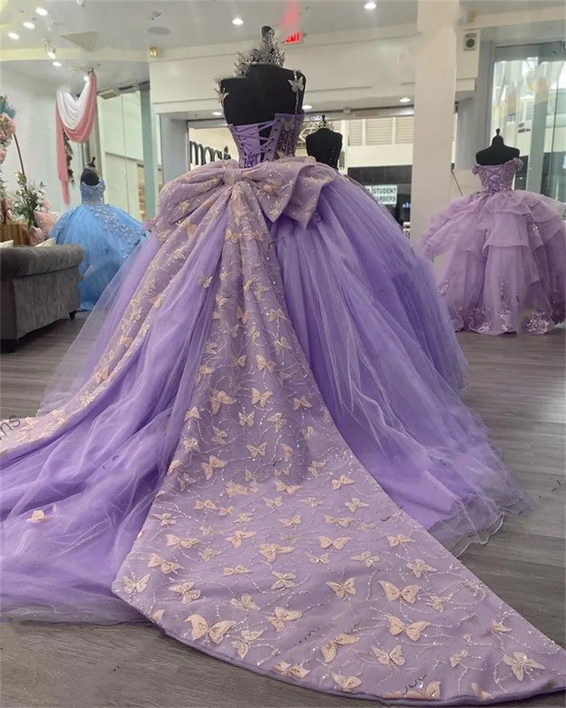 Lilas violet chérie robe de bal robe de Quinceanera pour les filles arc papillon robes de fête d'anniversaire perlée robe de bal De 15 Anos