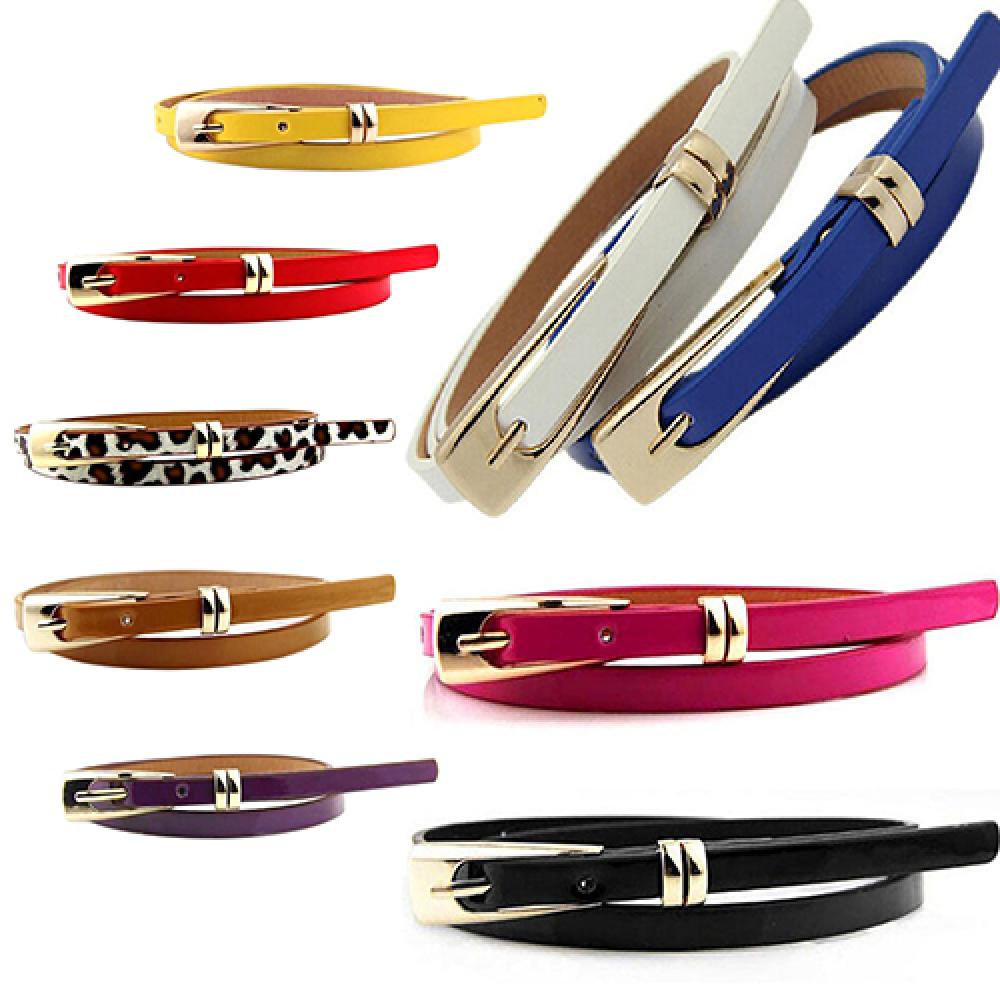 Hot Sales Fashion Women Candy Color Thin Narrow Faux Leather Dress Belt Buckle Waistband