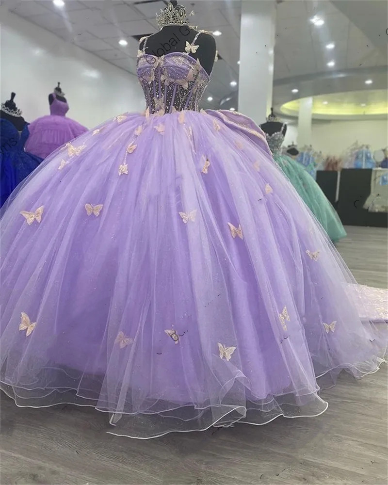 Lilas violet chérie robe de bal robe de Quinceanera pour les filles arc papillon robes de fête d'anniversaire perlée robe de bal De 15 Anos