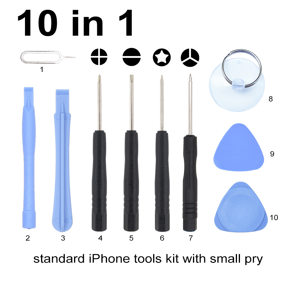 Com 0.6 y 9 em 1 conjunto de chave de fenda padrão 10 em 1 kit de ferramentas de abertura do telefone móvel para iphone 7 8 x ferramenta de reparo /lote