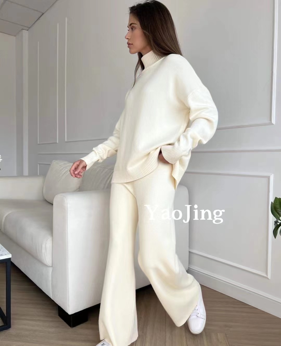 Nya europeiska mode kvinnors turtleneck stickad lös tröja och breda ben långa byxor tvilling byxor kostym