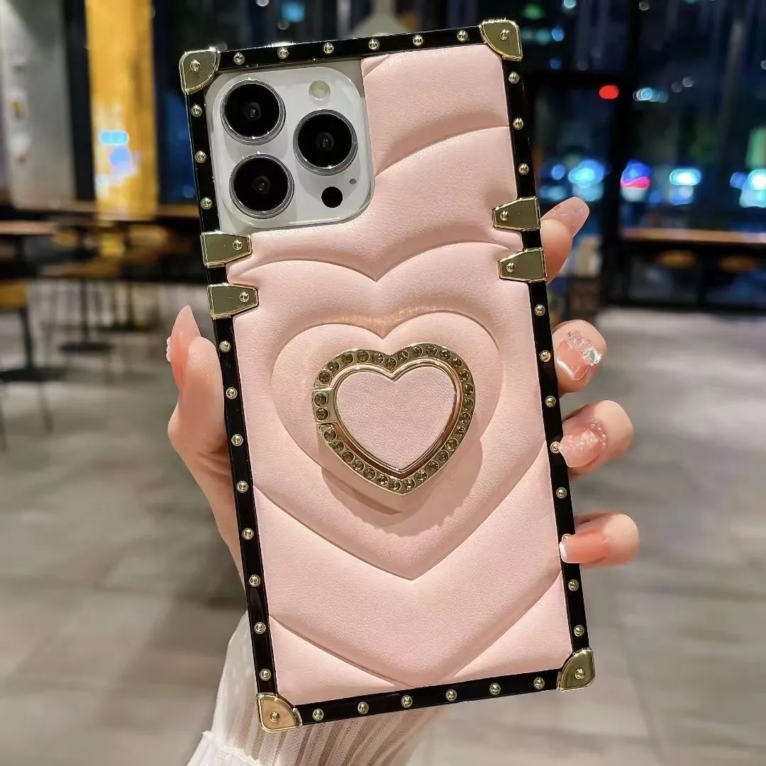 Luxury Square Leather Case 3D Diamond Love Heart Ring Bracket Metal Suffsäkert fodral för iPhone 15Pro Max 11 12 14Pro XR XM Samsung S23 S22 -täckning