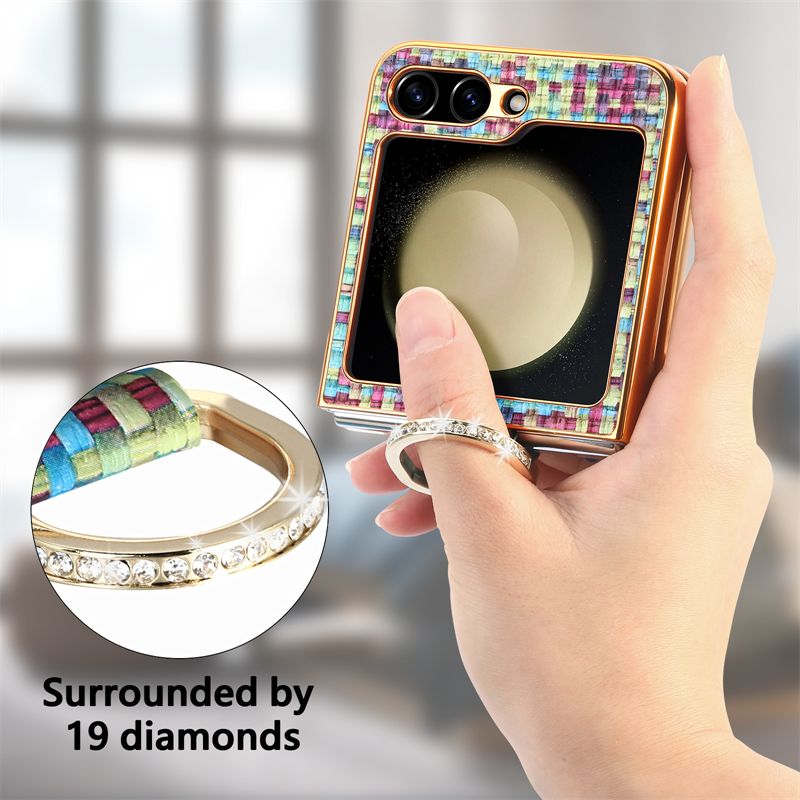 Flip5 tresse damier conception coque pliante pour Samsung Galaxy Z Flip 5 diamant métal anneau support coque de téléphone
