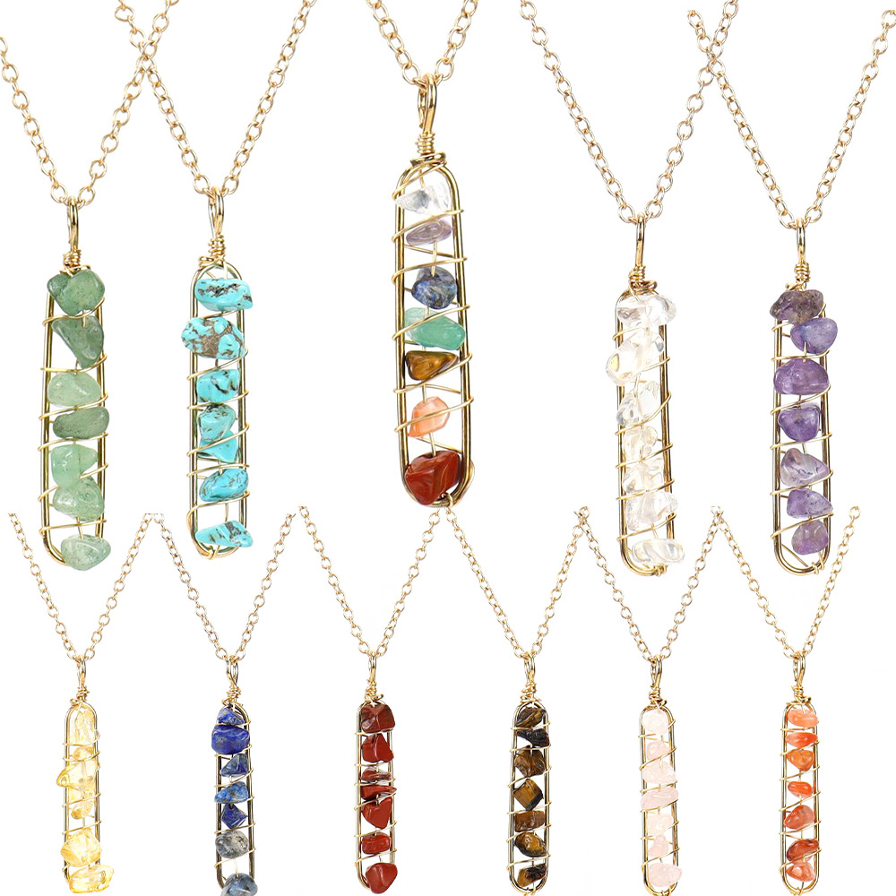 Wire Wrapped Chip Stone Hanger Kwarts gebroken kralen Rechthoek Maan levensboom Charms Amethist Lapis Healing Crystal Agaat Kettingen voor dames sieraden