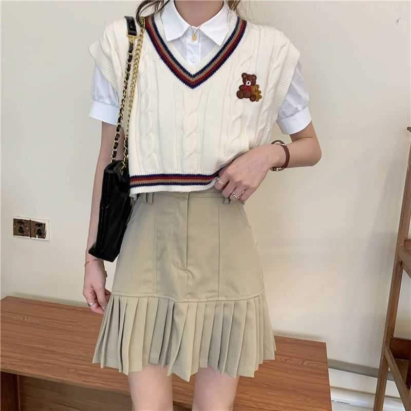 Deeptown Kawaii Netter Bär Beige Pullover Weste Frauen Koreanische Adrette V-ausschnitt Blau Jumper Harajuku Süße Crop Tops Schule Girly