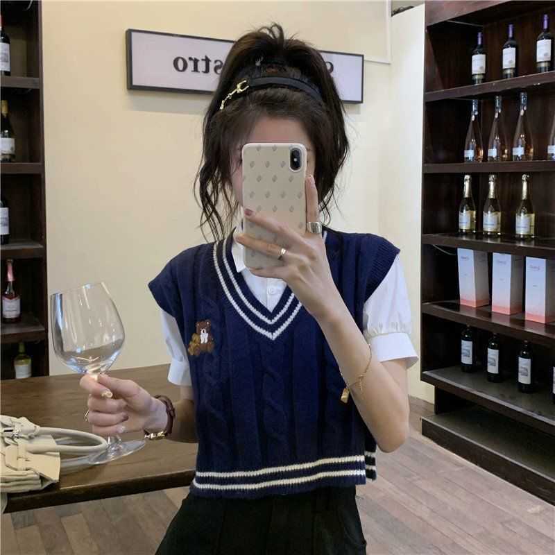 Deeptown Kawaii Netter Bär Beige Pullover Weste Frauen Koreanische Adrette V-ausschnitt Blau Jumper Harajuku Süße Crop Tops Schule Girly