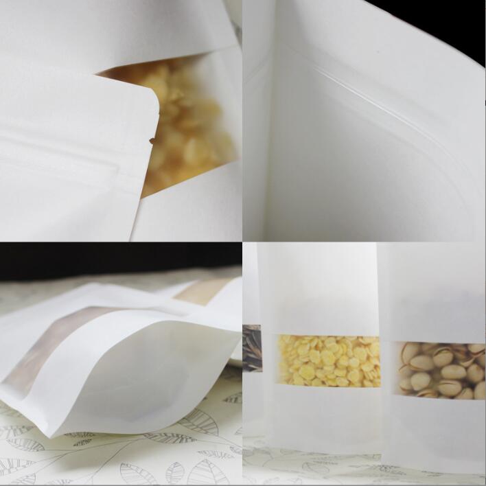 Witte kraftpapier Mylar Doypack-tas Hersluitbare, geurdichte voedselthee Kruidensnack Zip Seal Retailverpakking Opbergzakken Opstaande verpakking met venster
