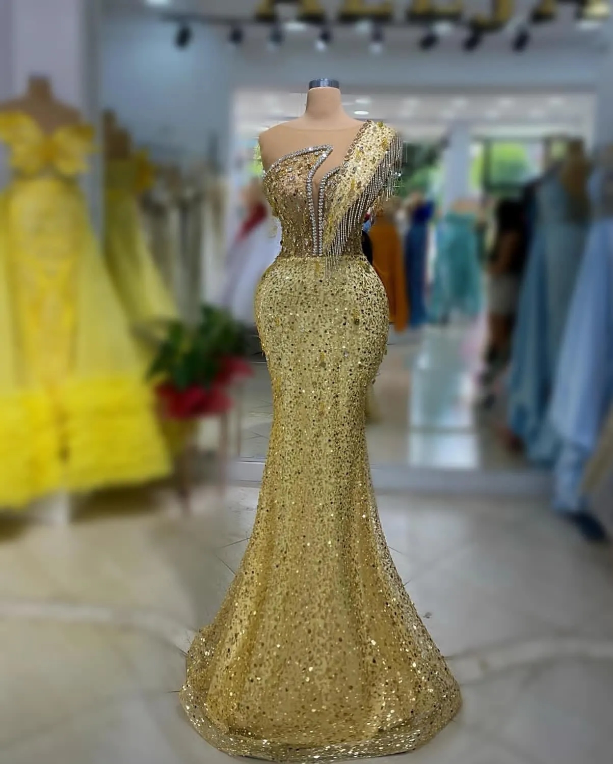 2023 Aso Ebi Arabic Mermaid Gold Prom Dress Crystals Sequined Lace Evening Formal Party Second Reception Birthday Engagement Gowns Dresses Robe De Soiree