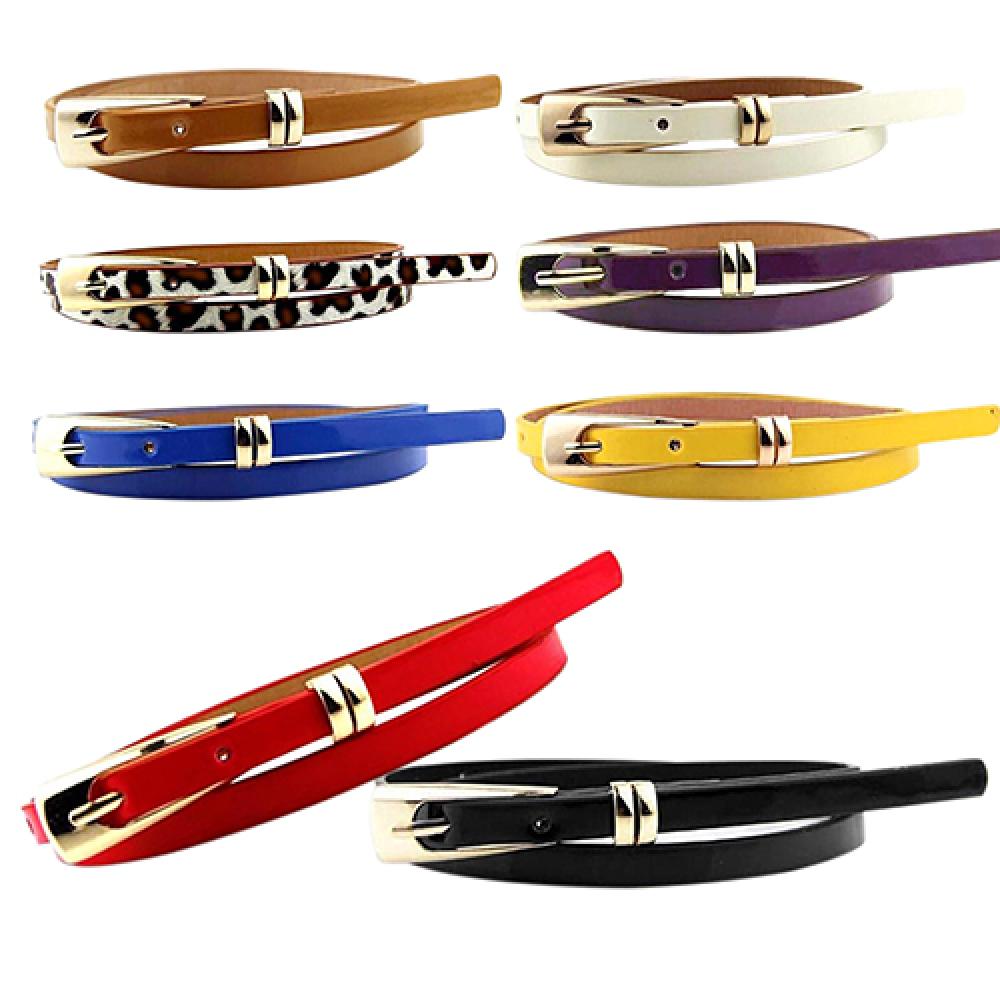 Hot Sales Fashion Women Candy Color Thin Narrow Faux Leather Dress Belt Buckle Waistband